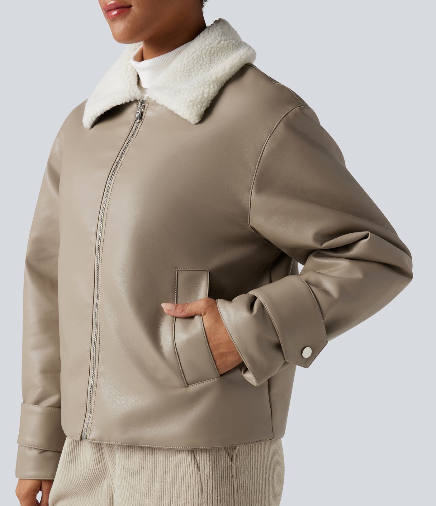 Long Sleeve Zipper Casual Sherpa Faux Leather Jacket with Pockets