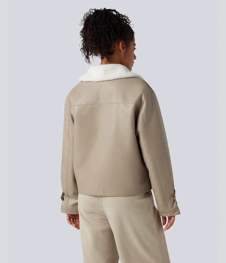 Long Sleeve Zipper Casual Sherpa Faux Leather Jacket with Pockets