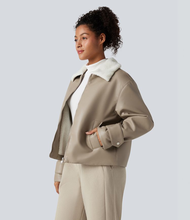Long Sleeve Zipper Casual Sherpa Faux Leather Jacket with Pockets