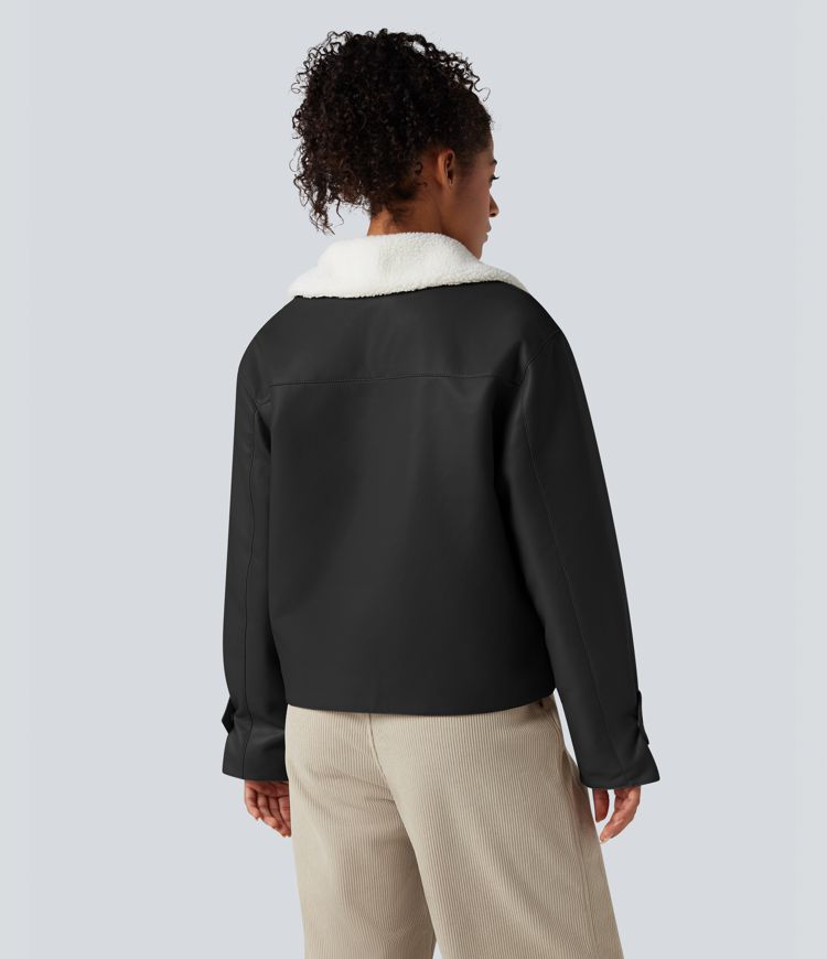 Long Sleeve Zipper Casual Sherpa Faux Leather Jacket with Pockets