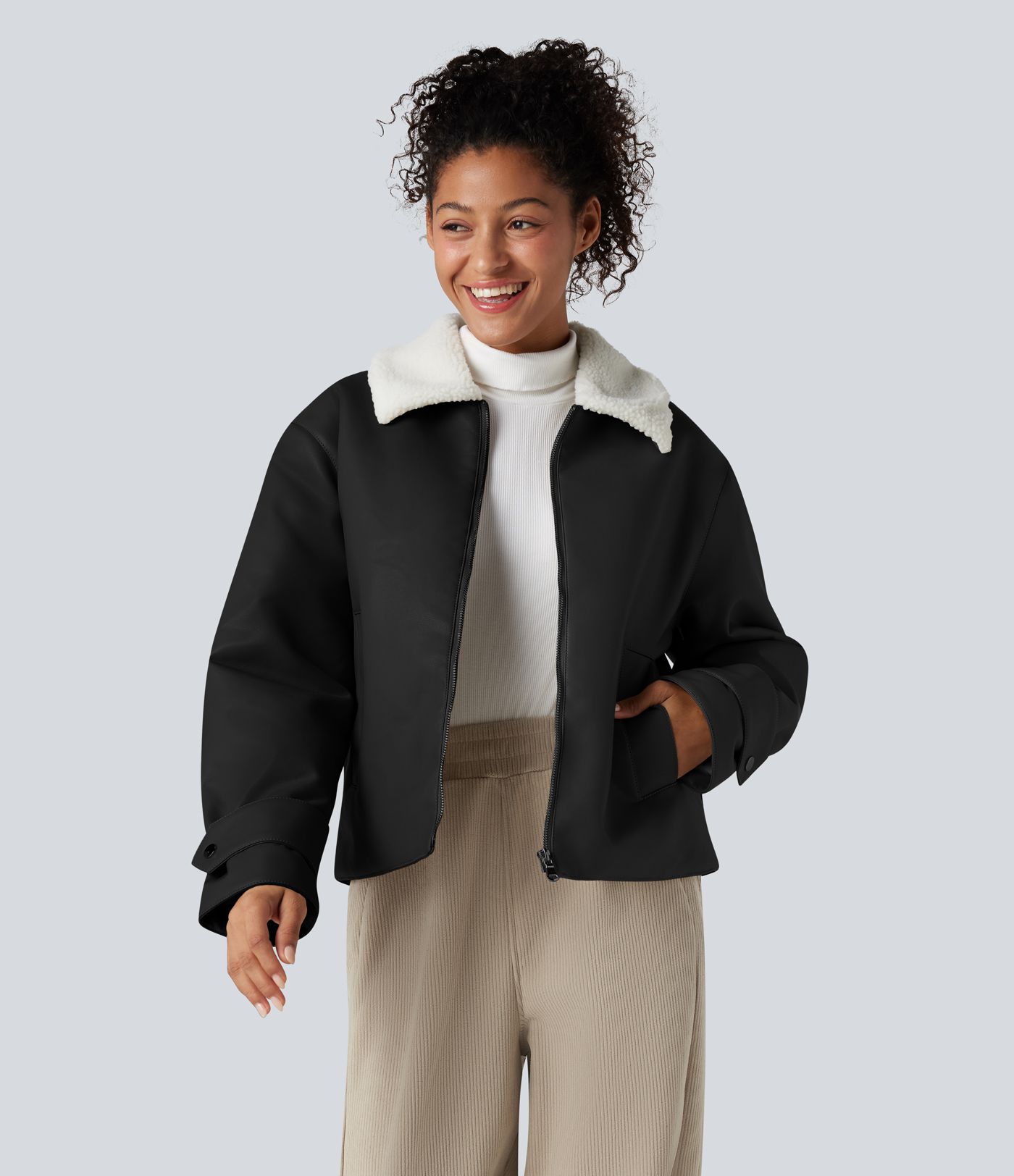 Long Sleeve Zipper Casual Sherpa Faux Leather Jacket with Pockets