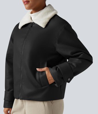 Long Sleeve Zipper Casual Sherpa Faux Leather Jacket with Pockets