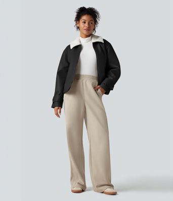 Long Sleeve Zipper Casual Sherpa Faux Leather Jacket with Pockets