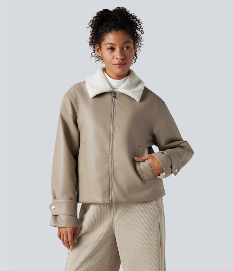Long Sleeve Zipper Casual Sherpa Faux Leather Jacket with Pockets