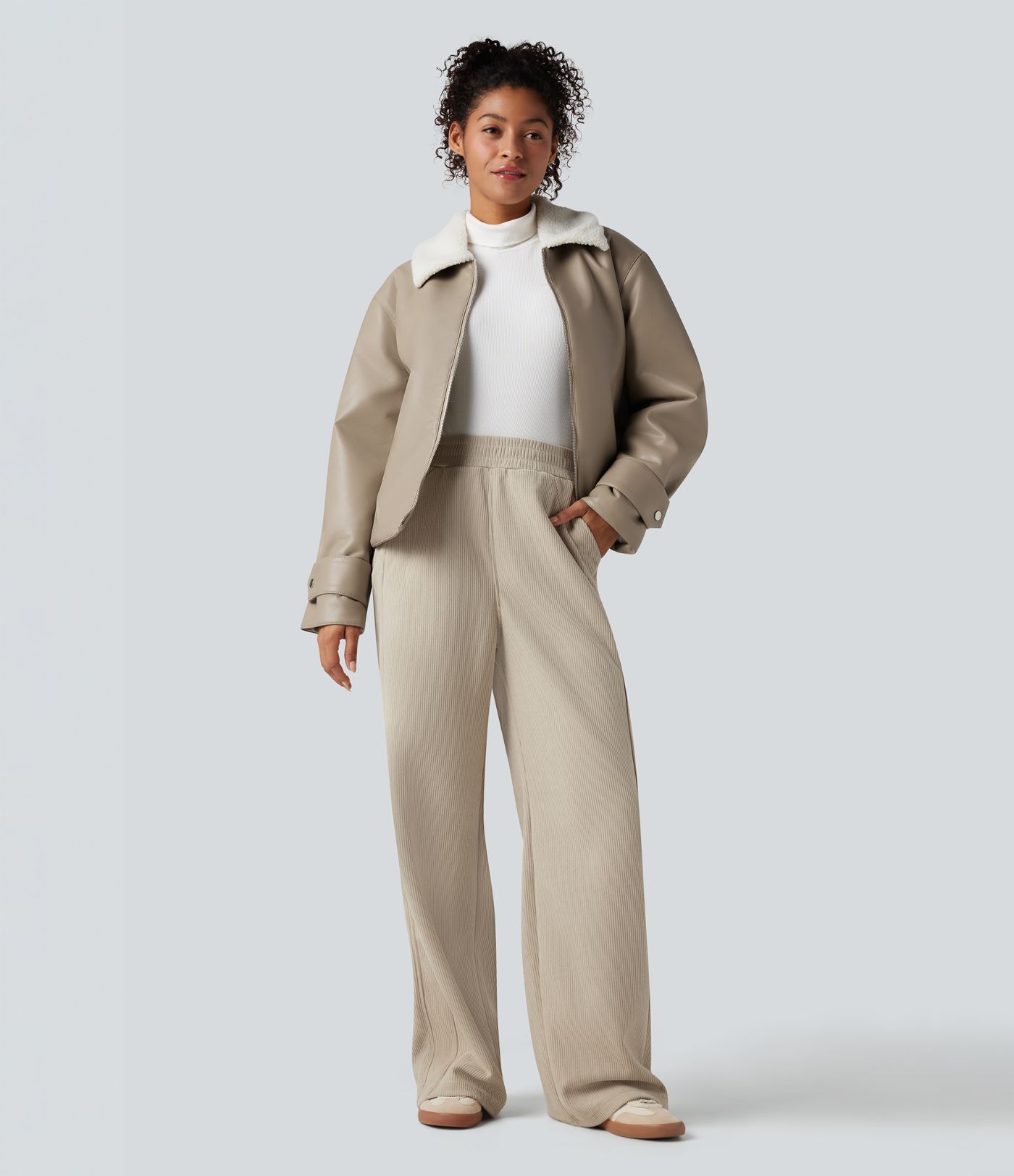 Long Sleeve Zipper Casual Sherpa Faux Leather Jacket with Pockets