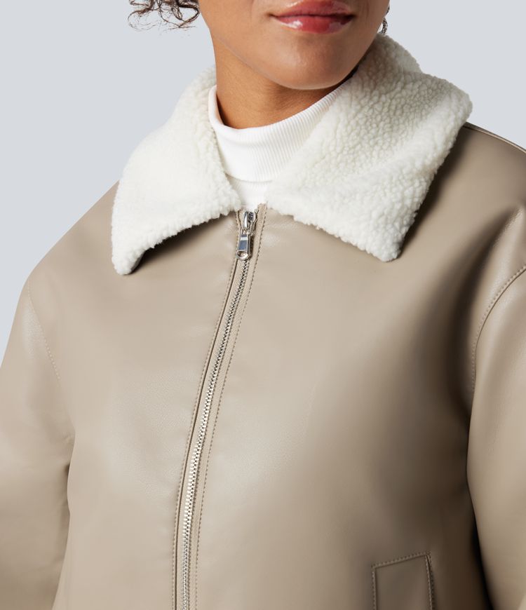 Long Sleeve Zipper Casual Sherpa Faux Leather Jacket with Pockets