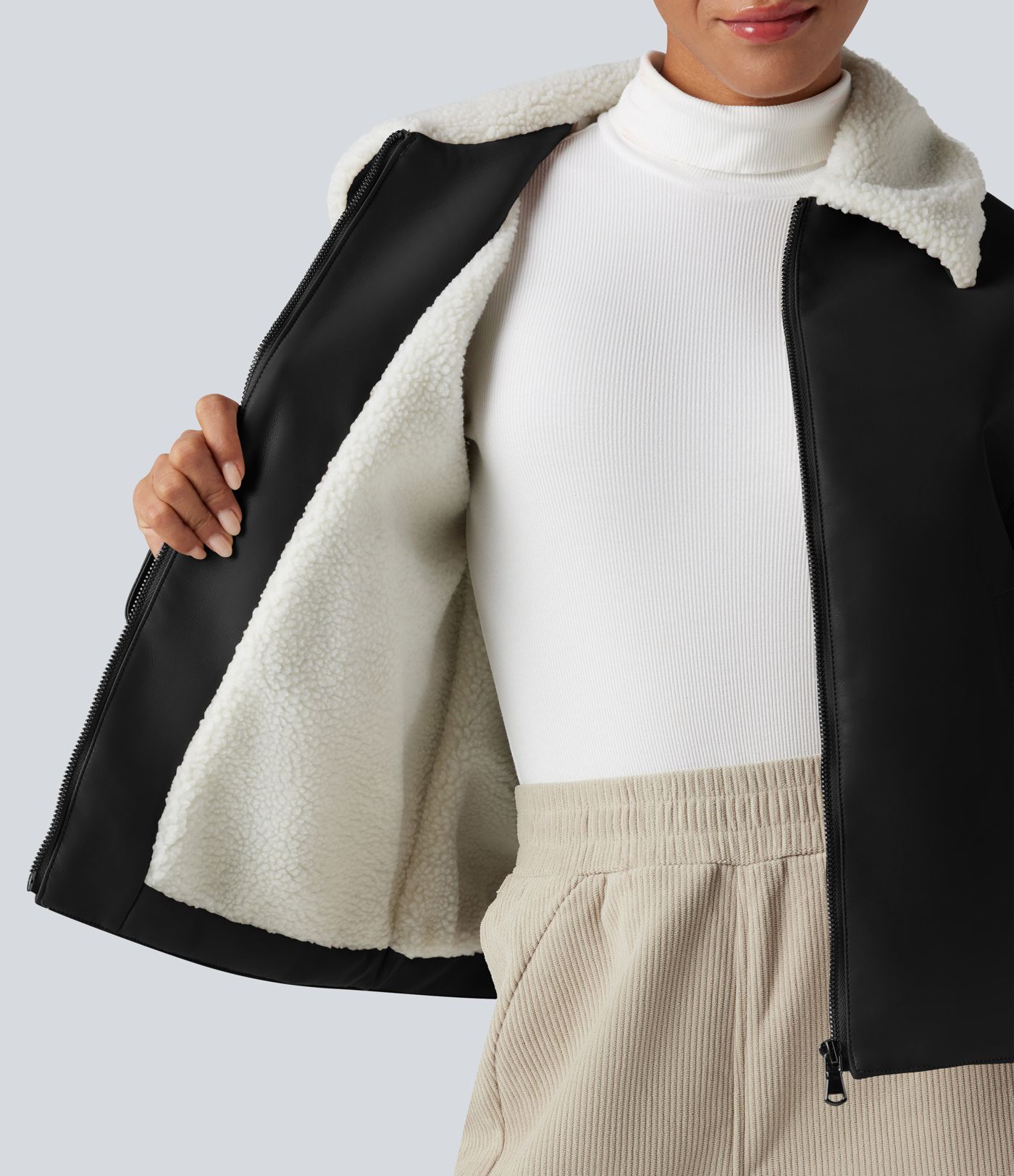 Long Sleeve Zipper Casual Sherpa Faux Leather Jacket with Pockets