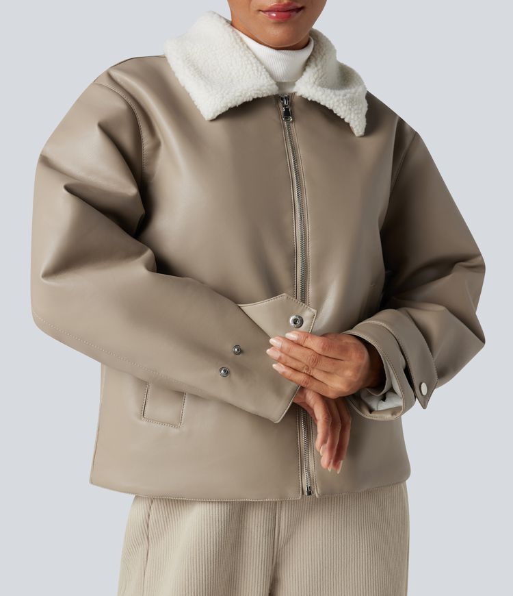 Long Sleeve Zipper Casual Sherpa Faux Leather Jacket with Pockets