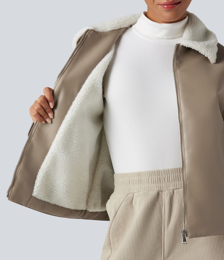 Long Sleeve Zipper Casual Sherpa Faux Leather Jacket with Pockets