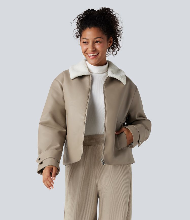 Long Sleeve Zipper Casual Sherpa Faux Leather Jacket with Pockets