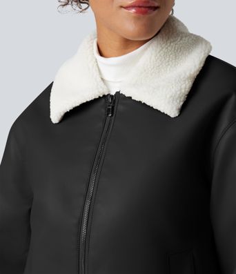 Long Sleeve Zipper Casual Sherpa Faux Leather Jacket with Pockets