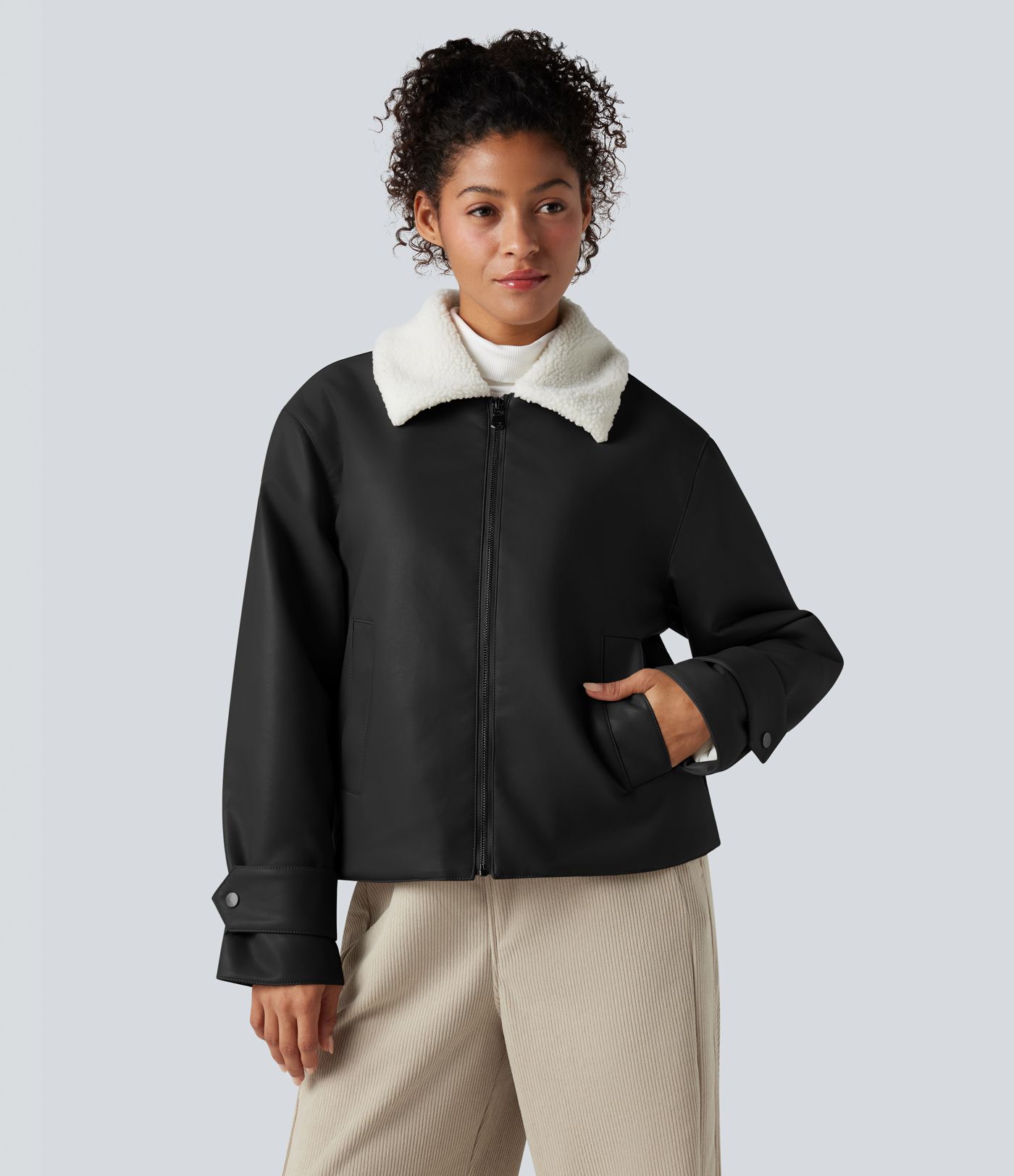 Long Sleeve Zipper Casual Sherpa Faux Leather Jacket with Pockets