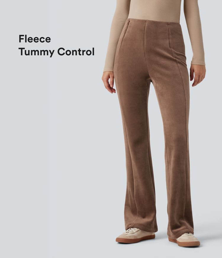 Ribbed Knit High Waisted Tummy Control Fleece Casual Flare Pants
