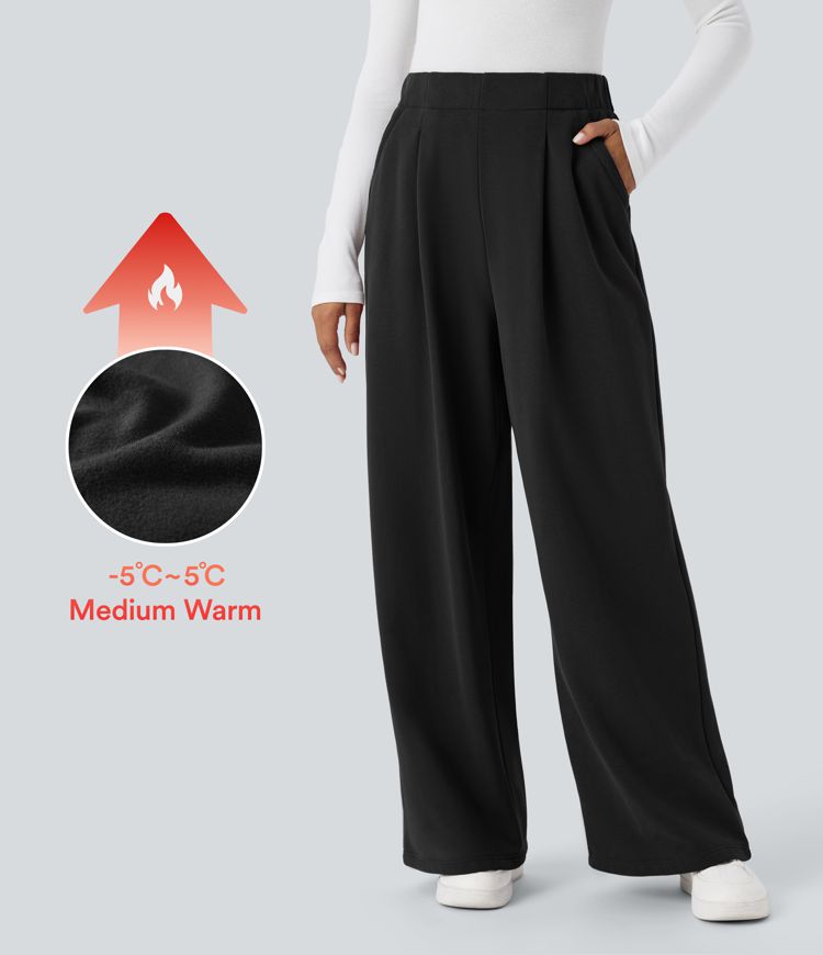High Waisted Side Pocket Wide Leg Fleece Casual Trousers