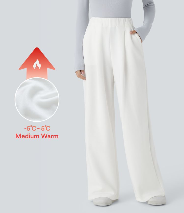 High Waisted Side Pocket Wide Leg Fleece Casual Trousers