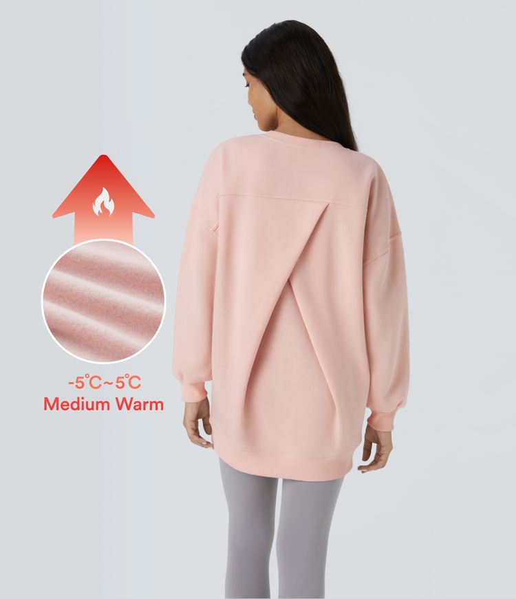 Round Neck Long Sleeve Pocket Oversize Fleece Casual Sweatshirt