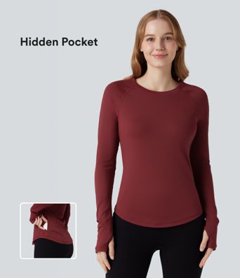 Round Neck Long Sleeve Thumb Holes Curved Hem Workout Sports Top with Pocket