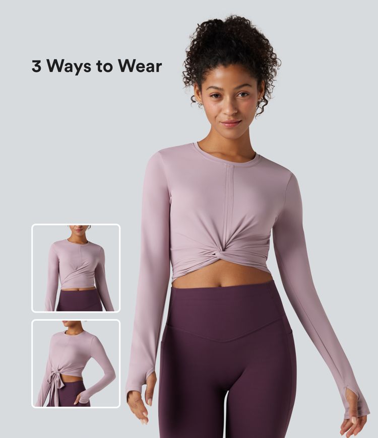 SoftlyZero™ Airy Round Neck Long Sleeve Thumb Hole Tie Back Cool Touch Cropped Yoga Top