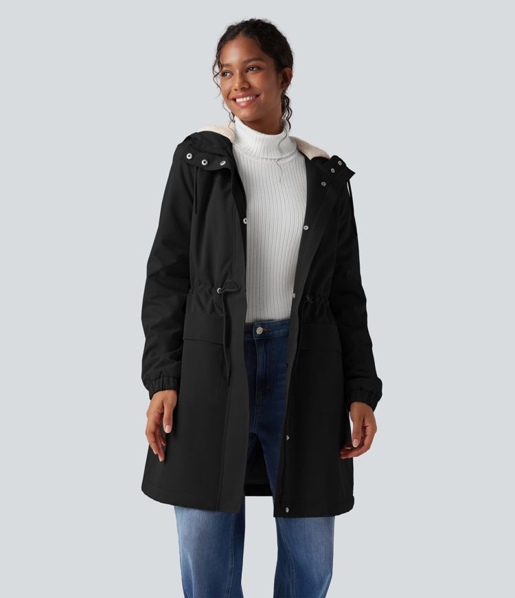 Lang geschnittener Fleece-Parka mit Kapuze, langen Ärmeln, Kordelzug und Taschen