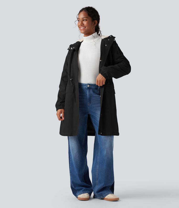 Lang geschnittener Fleece-Parka mit Kapuze, langen Ärmeln, Kordelzug und Taschen