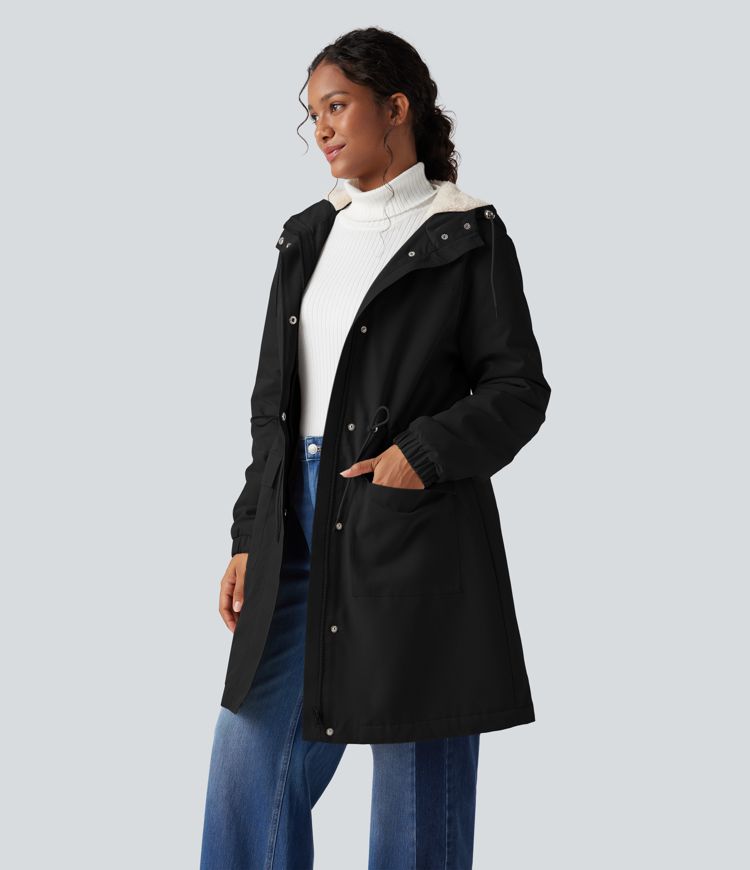 Lang geschnittener Fleece-Parka mit Kapuze, langen Ärmeln, Kordelzug und Taschen