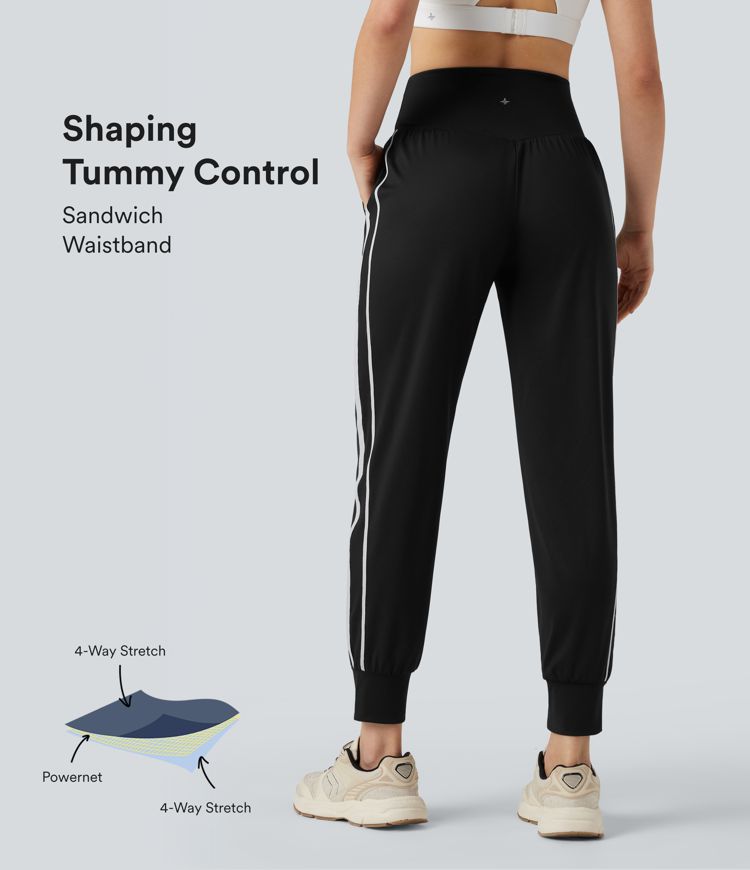 SoCinched High Waisted Tummy Control Color Block Quick Dry Running Joggers with Pockets-UPF40+