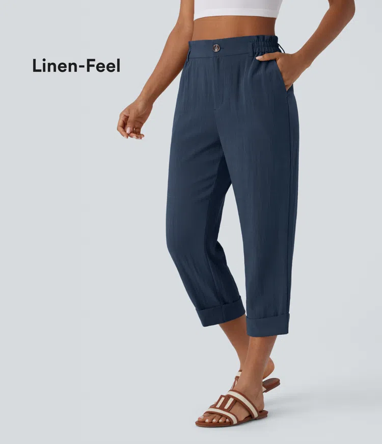 High Waisted Zipper Pocket Cropped Linen-Feel Pants