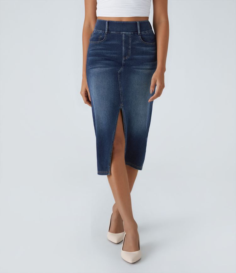 Halara Flex™ High Waisted Pockets Bodycon Washed Denim Casual Midi Skirt