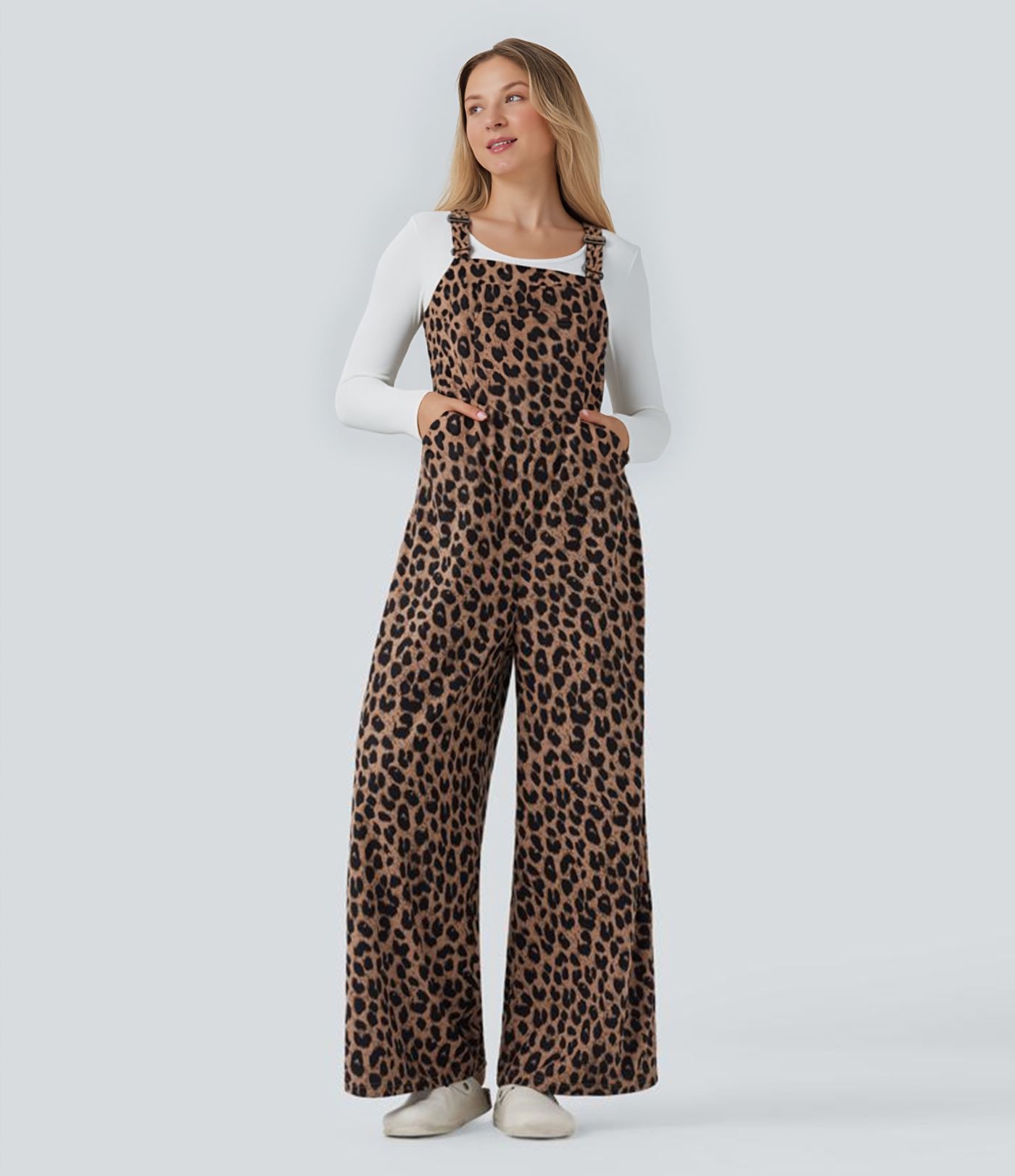 Leopard Print Waffle Casual Dungarees with Pockets