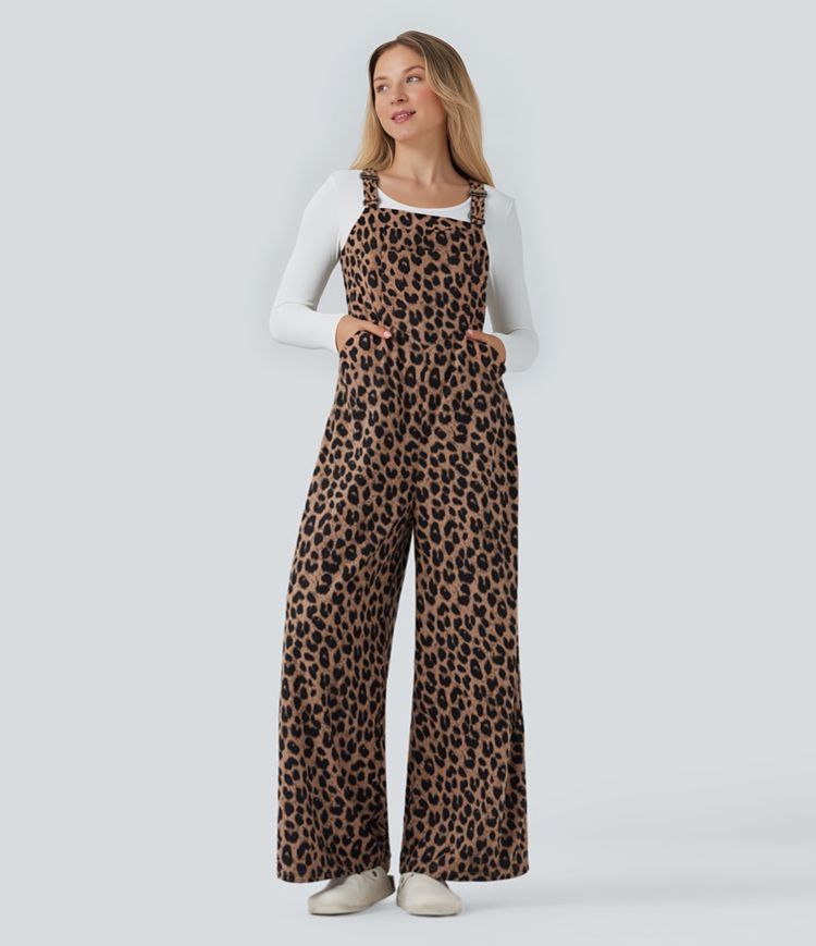 Leopard Print Waffle Casual Overalls with Pockets