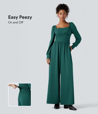 Square Neck Long Sleeve Work Jumpsuit with Pockets-Easy Peezy Edition