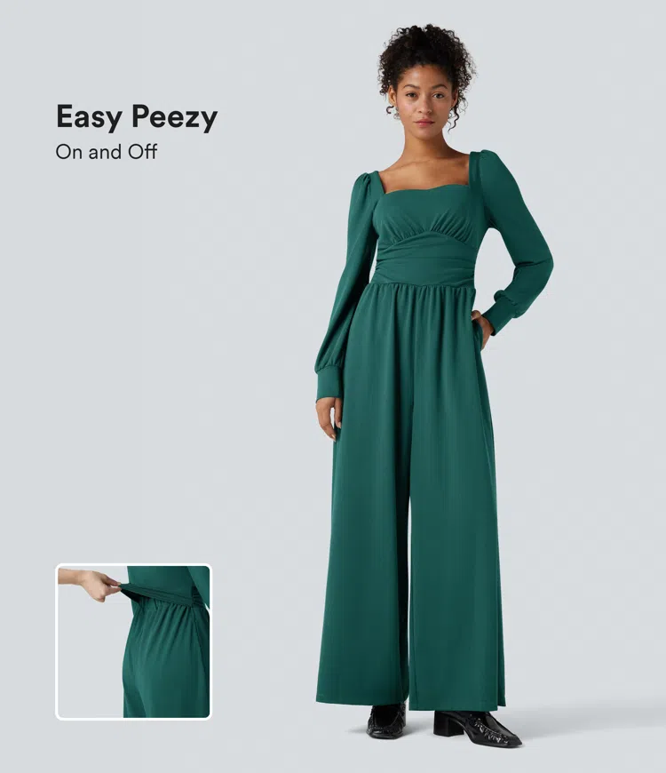 Square Neck Long Sleeve Work Jumpsuit with Pockets-Easy Peezy Edition