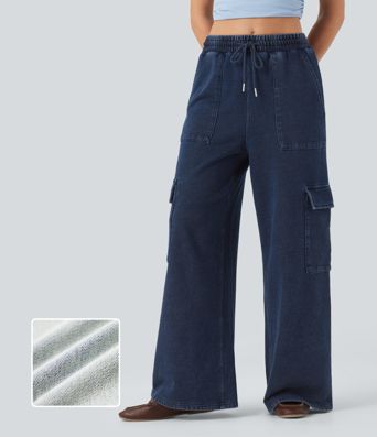 Halara Flex™ Mid Rise Drawstring Straight Leg Casual French Terry Cargo Sweatpants Jeans with Pockets