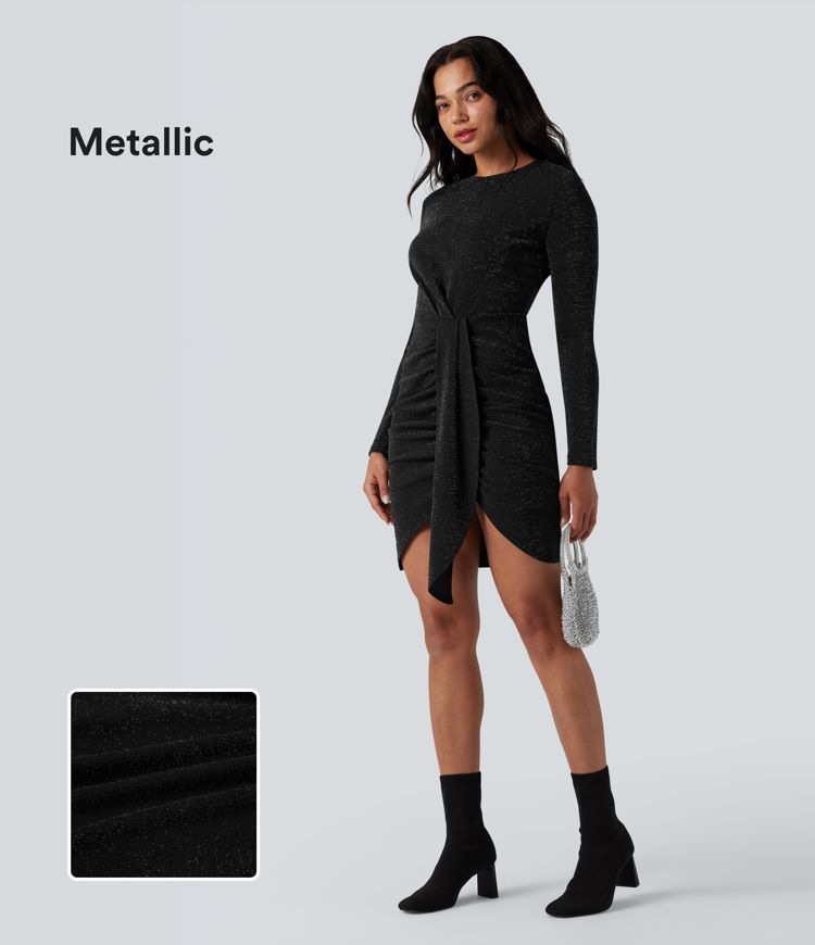 Round Neck Long Sleeve Ruched Bodycon Mini Metallic Party Dress