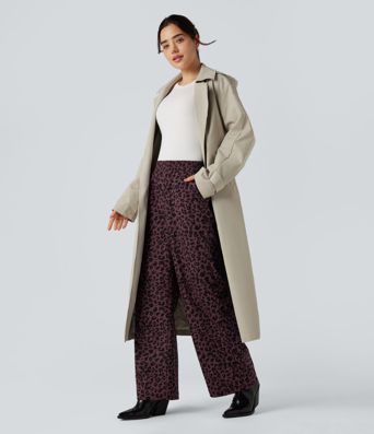 High Waisted Leopard Print Corduroy Casual Baggy Pants with Pockets