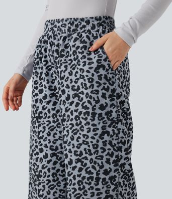 Hochgeschnittene Leoparden-Print Cord Casual Weite Hose mit Taschen