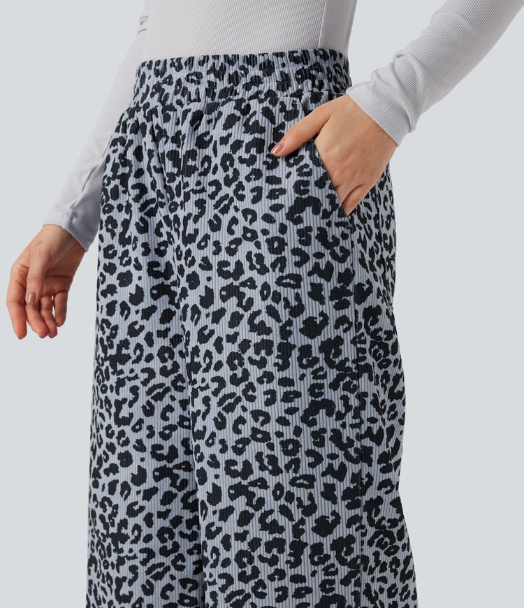 Hochgeschnittene Leoparden-Print Cord Casual Weite Hose mit Taschen