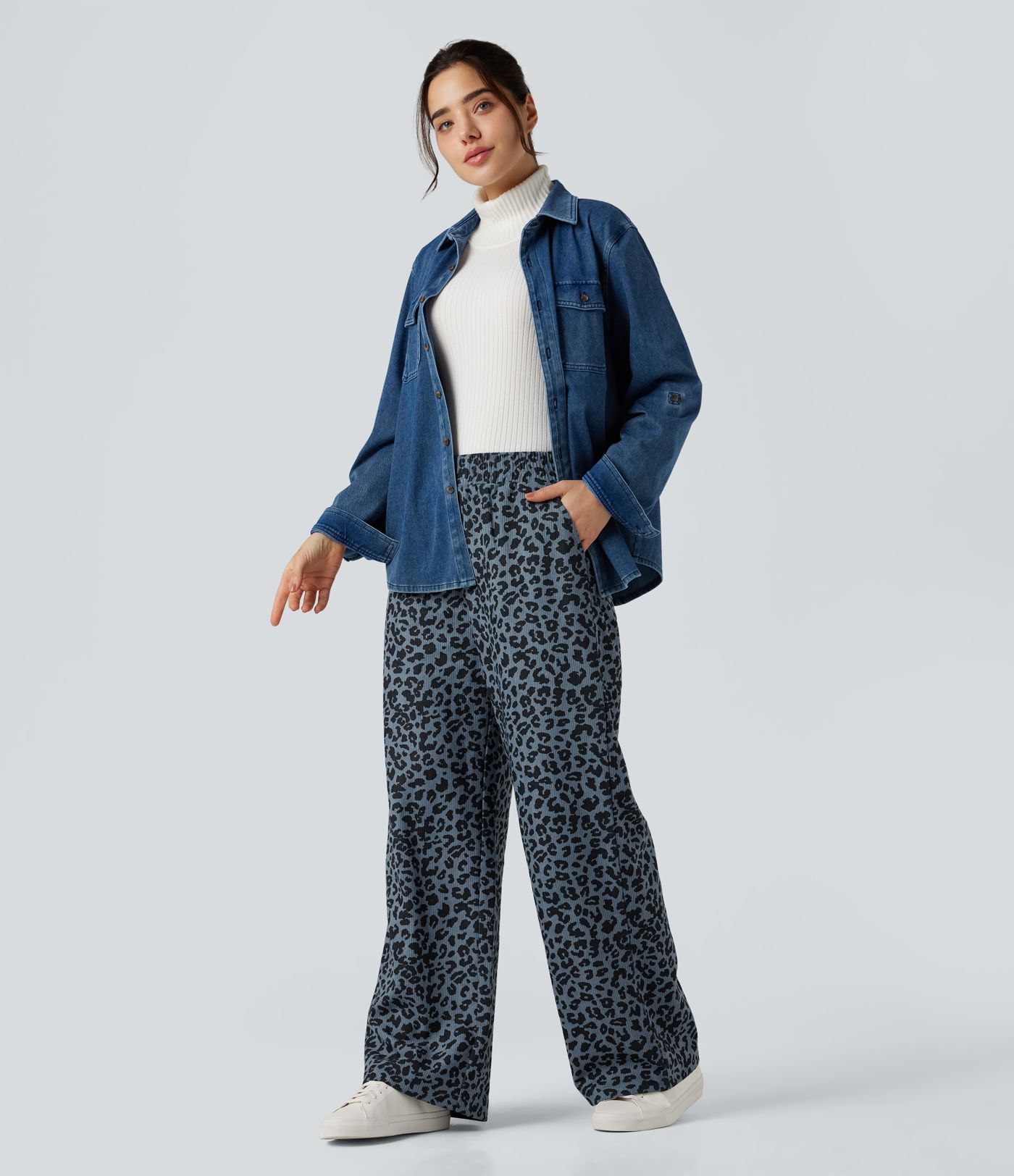 High Waisted Leopard Print Corduroy Casual Baggy Pants with Pockets
