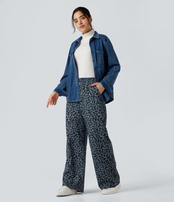 High Waisted Leopard Print Corduroy Casual Baggy Pants with Pockets