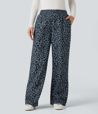 High Waisted Leopard Print Corduroy Casual Baggy Pants with Pockets