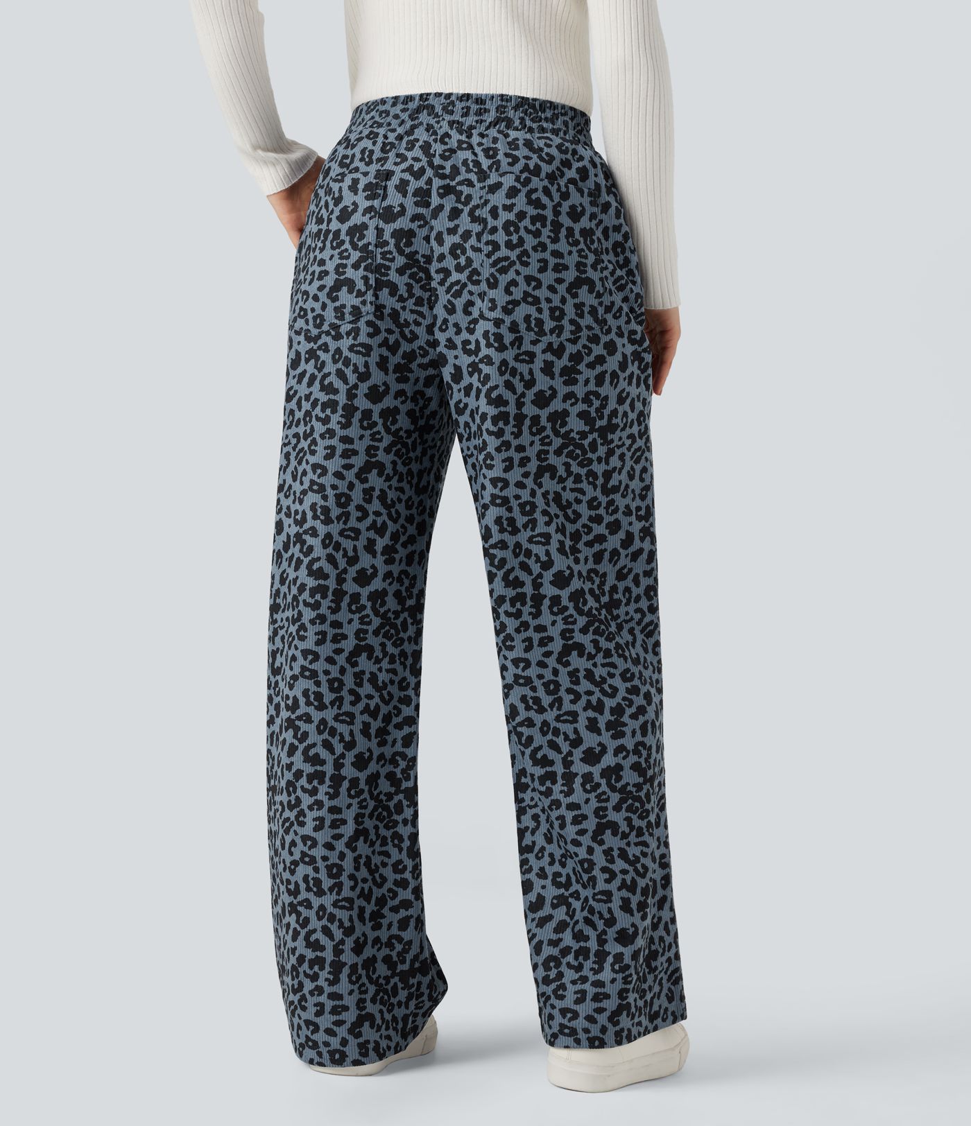 High Waisted Leopard Print Corduroy Casual Baggy Pants with Pockets