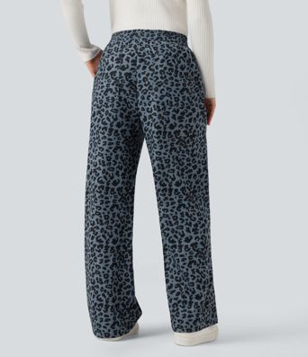 High Waisted Leopard Print Corduroy Casual Baggy Pants with Pockets