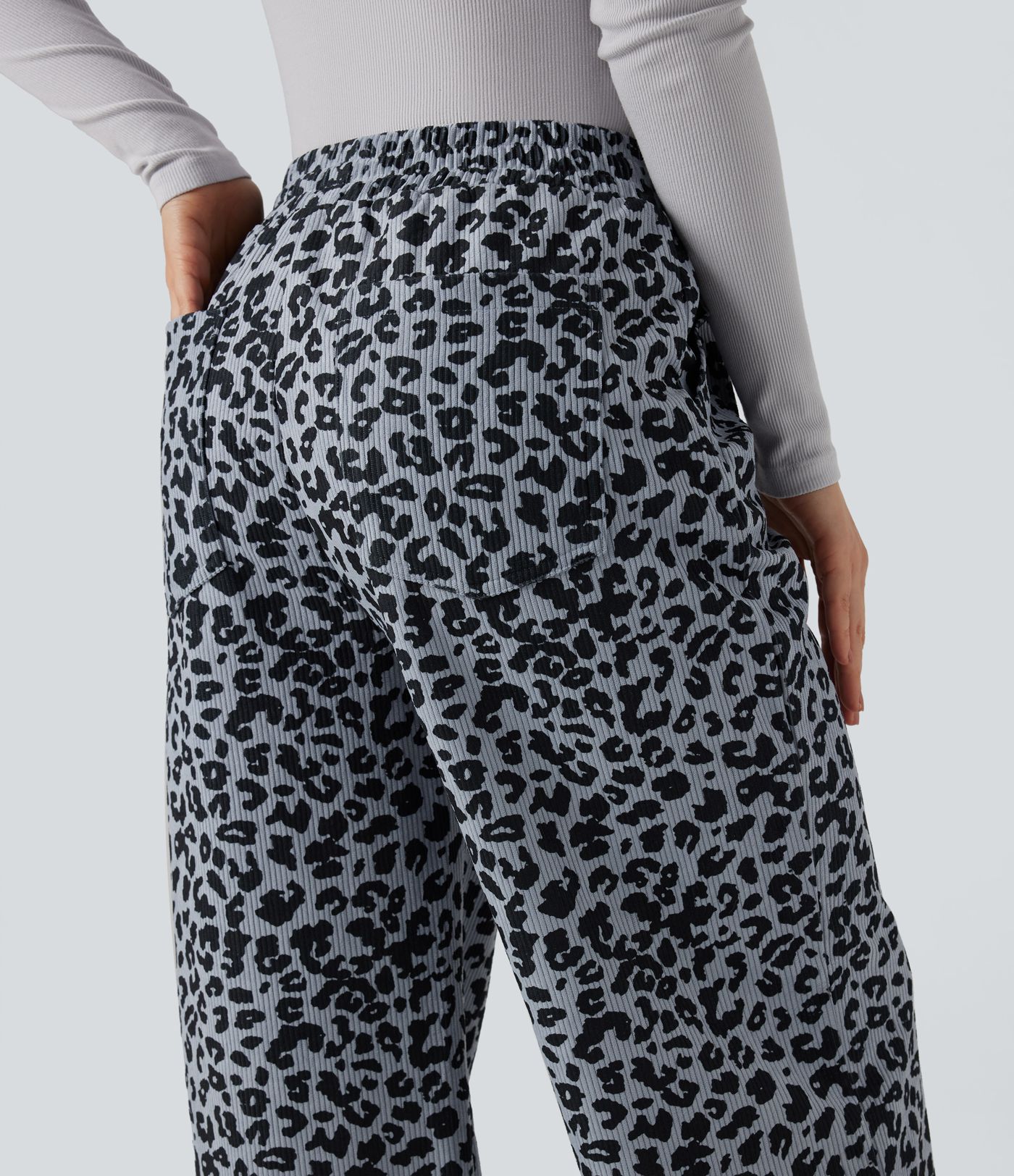 Hochgeschnittene Leoparden-Print Cord Casual Weite Hose mit Taschen