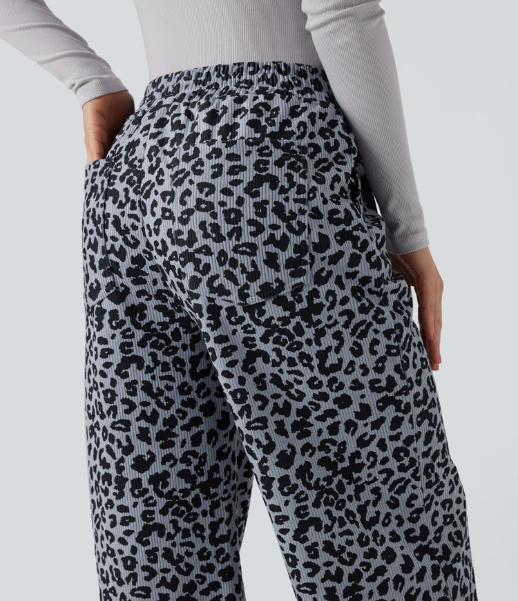 Hochgeschnittene Leoparden-Print Cord Casual Weite Hose mit Taschen