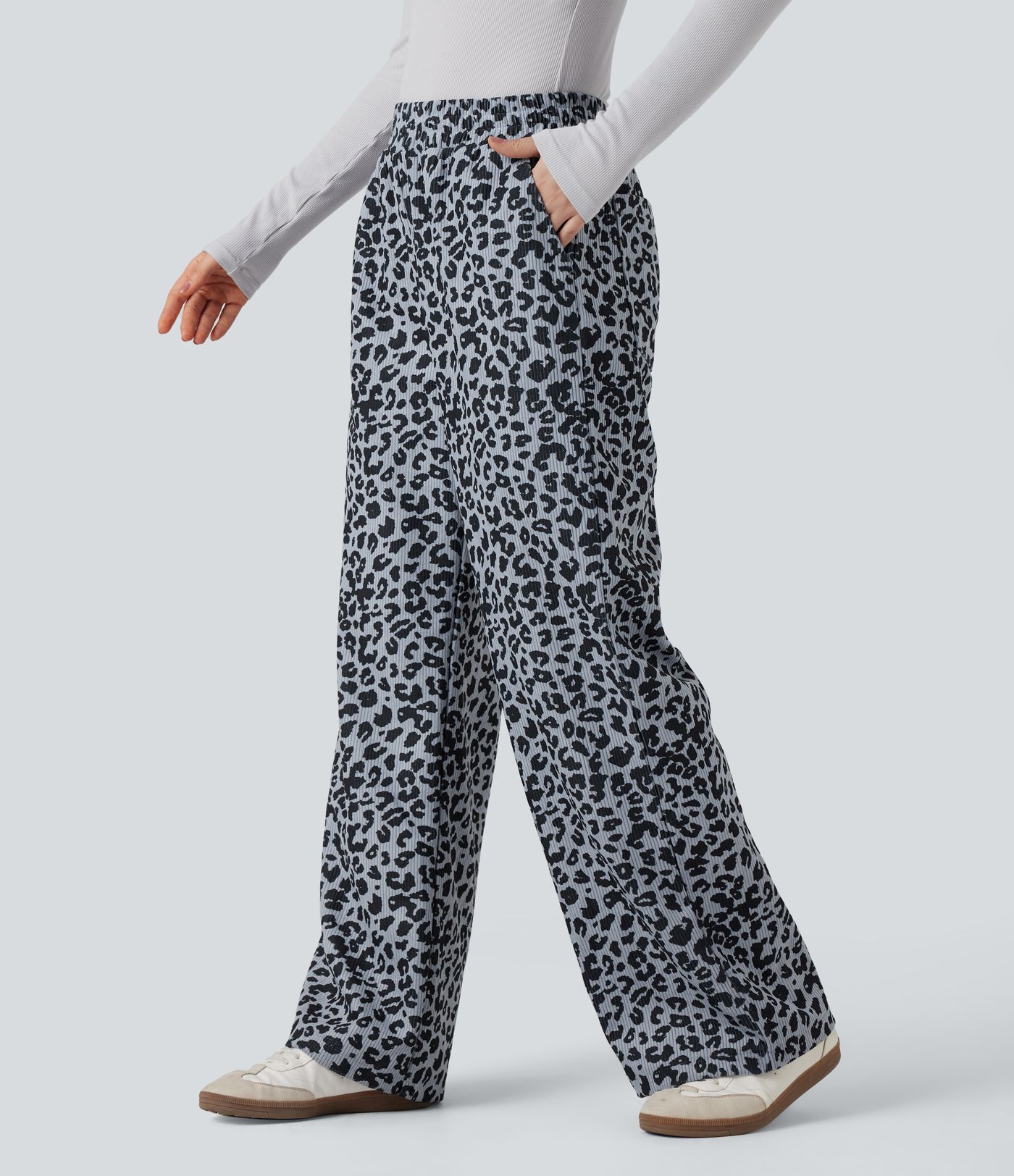 Hochgeschnittene Leoparden-Print Cord Casual Weite Hose mit Taschen