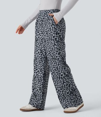 Hochgeschnittene Leoparden-Print Cord Casual Weite Hose mit Taschen