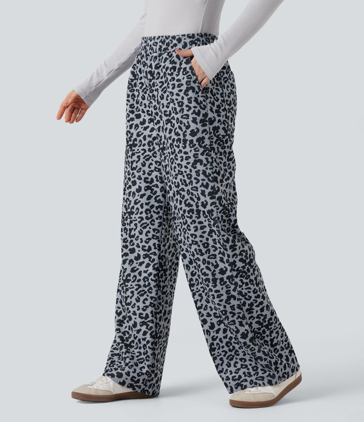 Hochgeschnittene Leoparden-Print Cord Casual Weite Hose mit Taschen