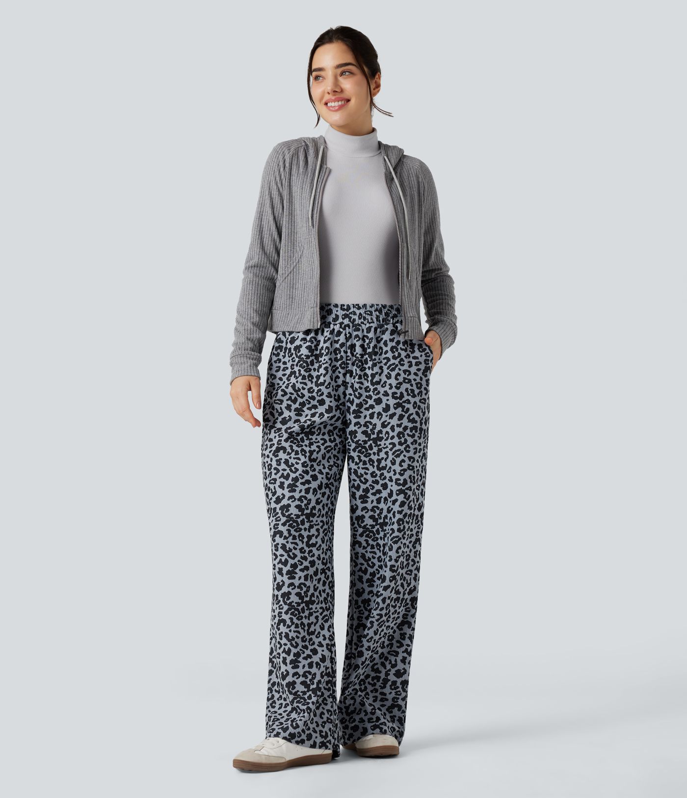 Hochgeschnittene Leoparden-Print Cord Casual Weite Hose mit Taschen