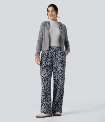 Hochgeschnittene Leoparden-Print Cord Casual Weite Hose mit Taschen