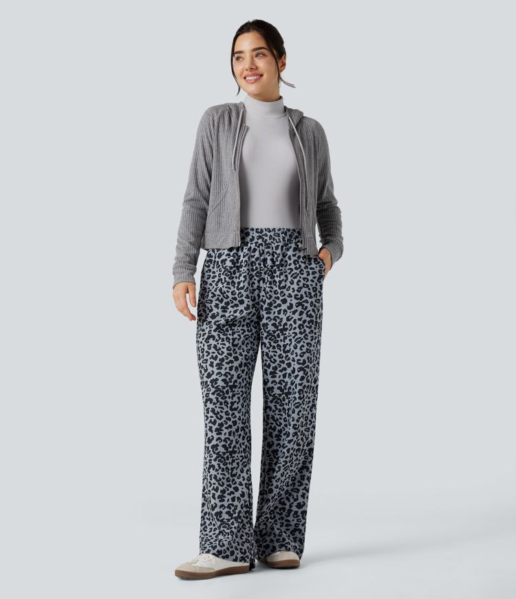 Hochgeschnittene Leoparden-Print Cord Casual Weite Hose mit Taschen